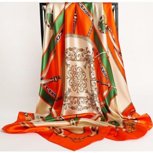 Large Hijab Scarves For Women Fashion Print Silk Satin Scarf Female 90cmx90cm Luxury Brand Square Shawls Head Scarfs For Ladies