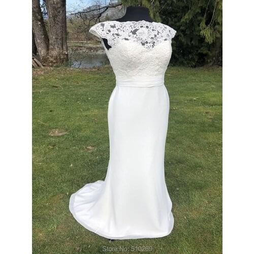 Cornaboutik Sheath Wedding Dress Illusion Neckline Cotton Lace Chiffon Pleated Belt Custom Vestido De Noiva Mariage Beach