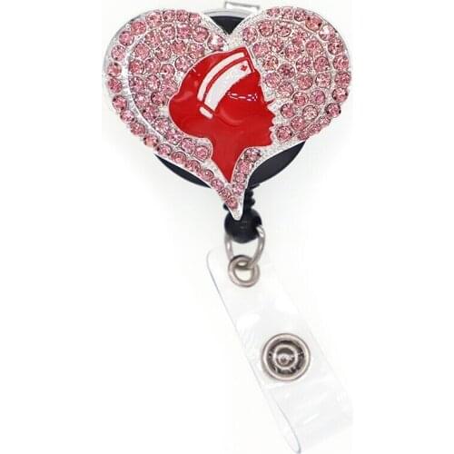 Bling pink rhinestone heart shape nurse portrait retractable id badge working holder reel clips
