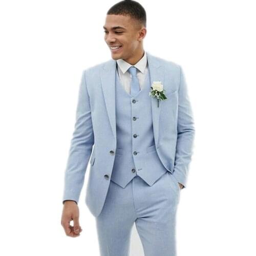 Light Blue Wedding Men Suits Slim Fit Groom Wear Tuxedos Coat Dinner Suit Prom Dresses Evening Dress 3 Pieces(Jacket+Pants+Vest)