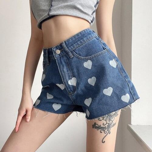 Denim Shorts Women 2021 Summer Fashion Love Heart Print Short Jeans Zipper Fly Y2k Aesthetic Clothes Kawaii Casual Streetwear