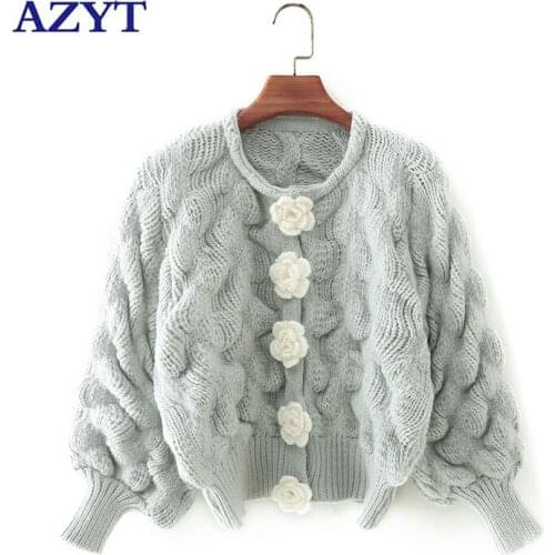 AZYT 2021 New Women Sweater Cardigan 3D Flowers Chic Buttons Knit Cardigan Female Autumn Winter Sweater Women Jacket Knitwear