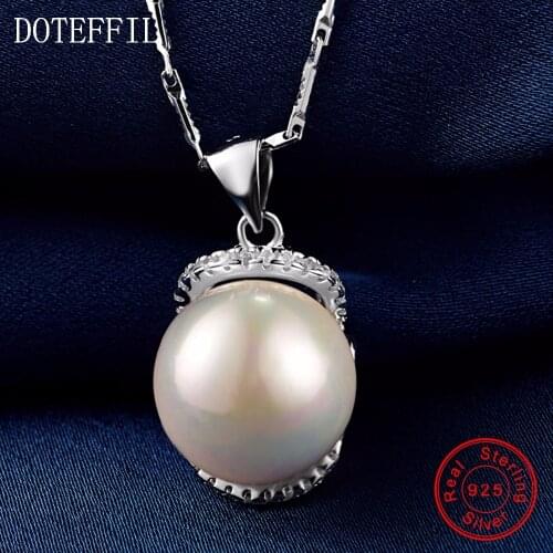 12mm Pearl 925 Sterling Silver Round Pendant Necklace Fashion Charm Woman 100% Sterling Silver Necklace Jewelry