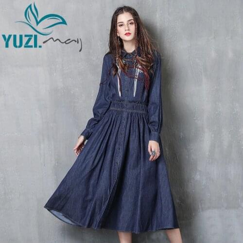 Women Dress 2017 Yuzi.may Boho New Denim Vestidos Turn-down Collar Long Sleeve Flower Embroidery Elastic Waist Dresses A82063