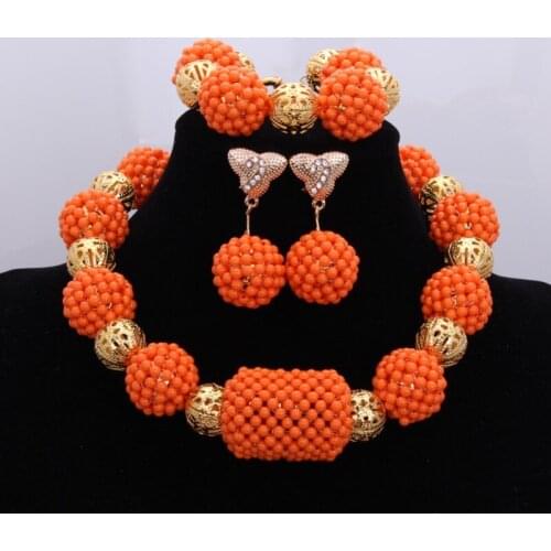African Nigerian Beads 2018 Jewelry Set For Women Orange Gold Color Wedding Big Balls Free Shipping Miss Mousaie Choker Set