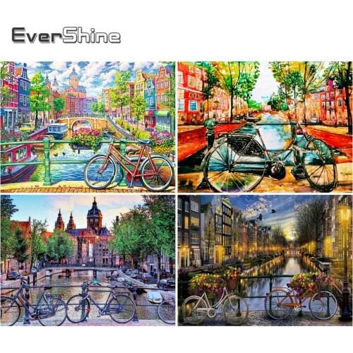 EverShine Full Square Drill Diamond Painting City Cross Stitch Kits Diamond Embroidery Landscape Mosaic Art Bicycle Home Decor