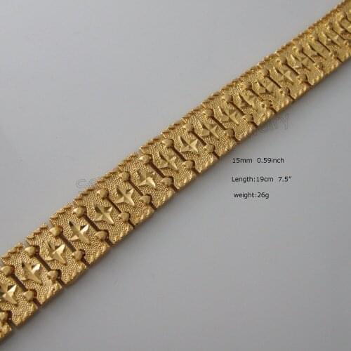 /Min Order is 10$ Can mix design /26G 7.5" 15MM 0.59" WIDTH - YELLOW GOLD GP OVERLAY FILLED BRASS STAR PATTERN LINK BRACELET