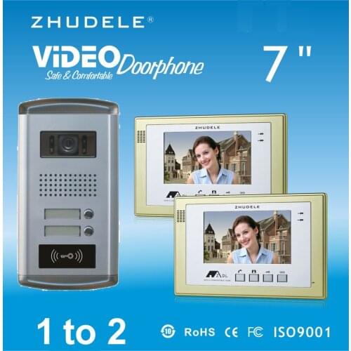 ZHUDELE Home Security Intercom System for 2-Apartment 7"Color LCD Monitor Video Door phoneDoorbell Camera w/t ID Card Unlocking