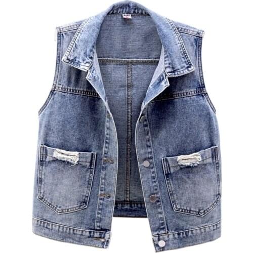 Fashion Denim Vest Women 2020 Spring New Sleeveless Jacket Pocket Waistcoat Plus size Hole Short Jeans Vest Women Tide 3XL G020