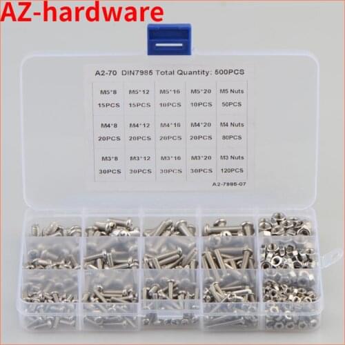 304 stainless steel Screws Philips Pan Head Screws Set M3 M4 M5 With Bolt Nut Lock Flat Machine Screws Assortment Kit 500pcs/set
