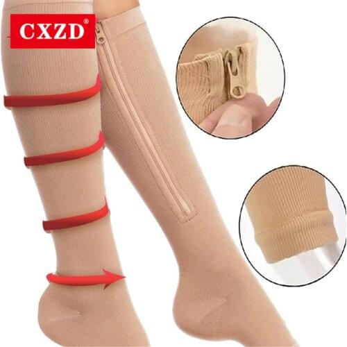 CXZD unisex compression socks zipper leg support knee socks ladies mens open toe thin anti-fatigue elastic stockings socks men