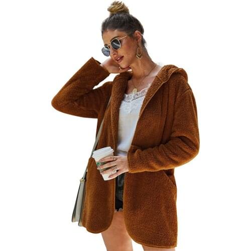 Autumn winter faux fur long coat women autumn pockets slim warm hoodies fur coat female soft plush overcoat ladies teddy coat