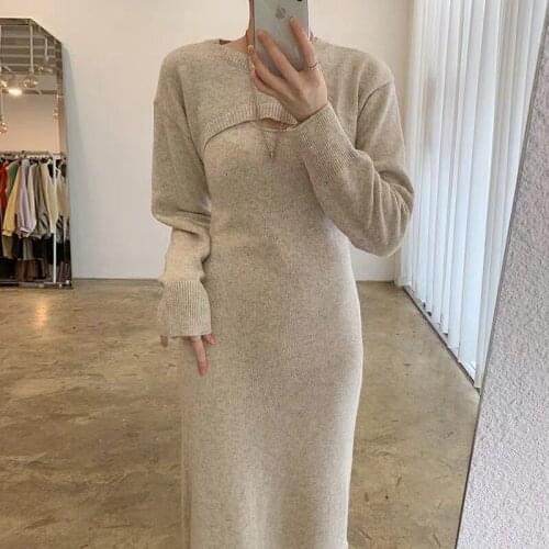 Autumn Winter Two Piece Set Women Long Sleeve Knitted Crop Top and Sexy Bodycon Long Sweater Dress Suits 2 Pieces Ensemble Femme