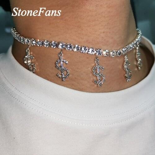 Stonefans Statement Dollar Sign Necklace Rhinestone Choker for Women Fashion Money Tennis Chain Necklace Pendant Collar Jewelry