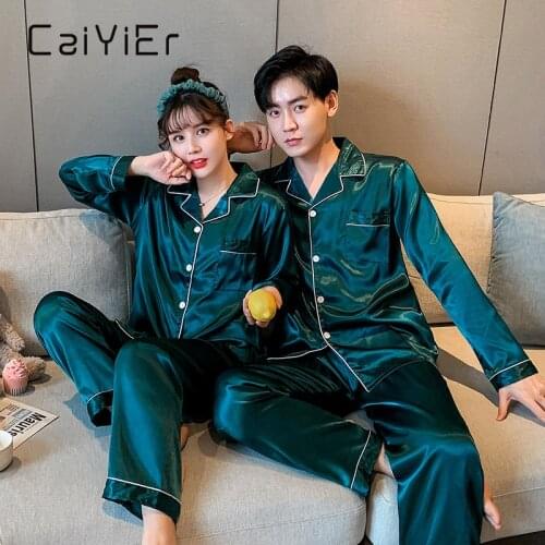 CAIYIER New Lovers Silk Pajamas Set Solid Long Sleeve Casual Sleepwear Winter Couple Nightwear Men & Women Loungewear M-3XL