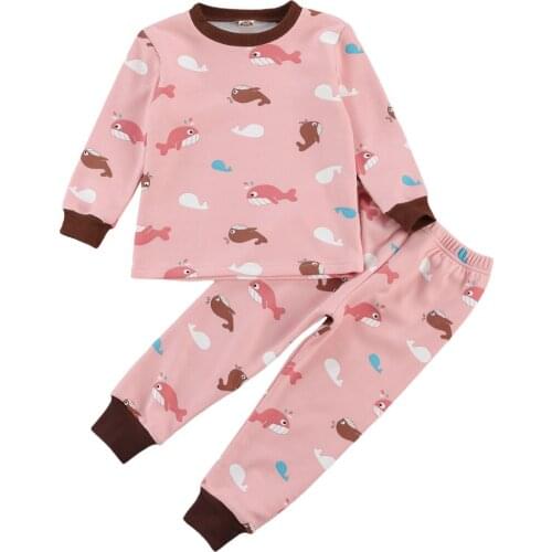 Children Kids Girls Cartoon Print Pajama Sets Long Sleeve Round Neck Long Pants Toddler Baby Winter Sleepwear Nightwear 2-7Y