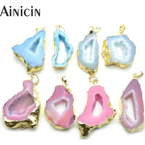 5pcs Natural Druzy Crystal Blue Pink Color Geode Drusy Hollow Out Pendants Gold Plating Fashion Women Necklace Making Materials