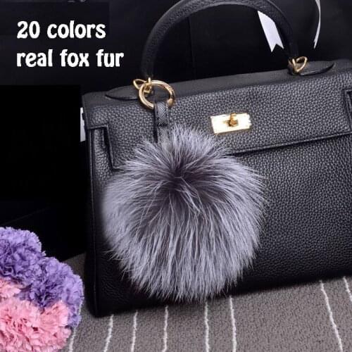 20 colors Fluffy Genuine Fox Fur Pom Poms Handmade Leather Strap Bag Charm Keychain Pompom Key Chain Holder Ring Luxury Gift