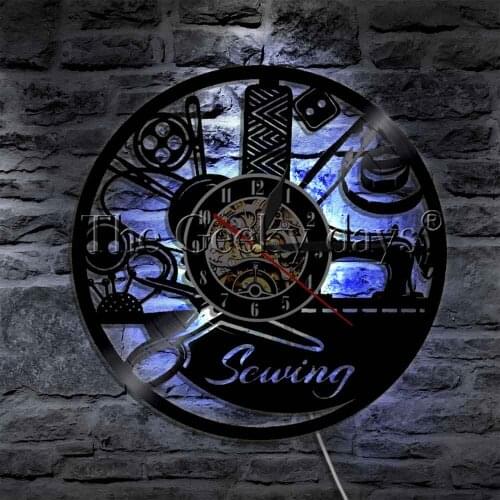 Vintage Sewing Machine LED Wall Lamp Different Sewing Tools Wall Clock Home Decor Wall Watch Seamstress Sign Modern Lamp