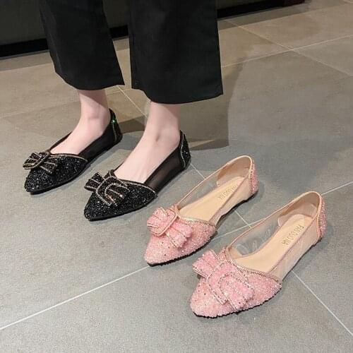 Sweet bow-knot delicate rhinestone single shoes spring and summer new fashion net yarn breathable pointed flat womens shoes