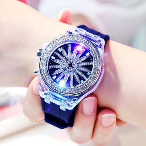 Creative LED Flashing Light Rotating Design Ladies Watch Waterproof Fashion Big Dial Silicone Quartz Clock Street Wrist Watch