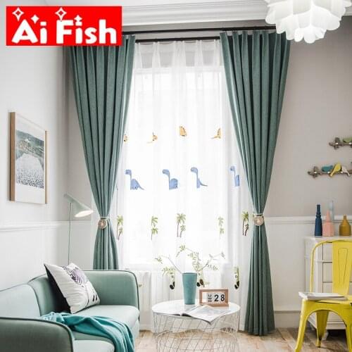 Cartoon Green happy Cute Dinosaur Tulle Curtains Childrens Bedroom Dark Green Solid Luxury thicker Blackout Curtains MY243#5