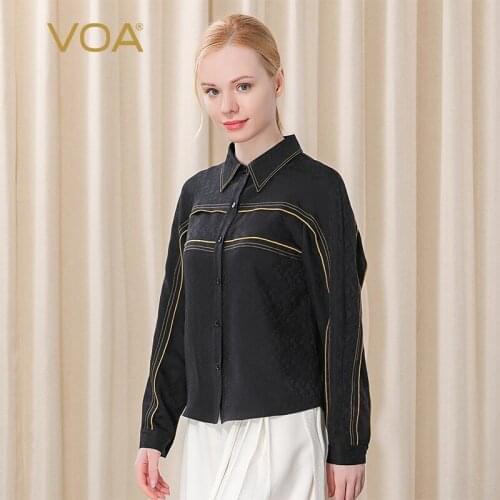 VOA 22m/m Silk Jacquard Small Lapel Raglan Long Sleeve and Ruffled Yellow Thread Single Breasted Black Shirt BE265