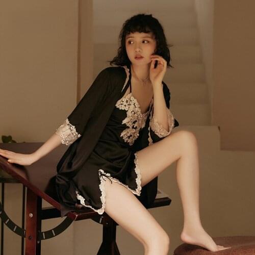 Women Simulation Silk Lace Robe Gowns Sets with Sexy Deep V Neck Straps Sling Backless Dress Satin Sleepwear Home 3 Piece Set