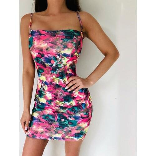 Women Sexy Spaghetti Strap Pencil Dress Night Club Dresses Tight Summer Dresses Off Shoulder Floral Print Mini Club Party Dress