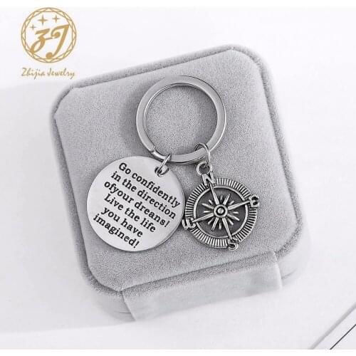 Zhijia jewelry stainless steel tag"Go Confidently in the Direction of Your Dreams!.." Stamped Compass Keychain Ring