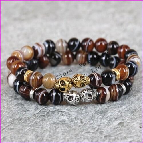 1pcs 2017 new fashion 8mm beads bracelet gold/silver color skull head brown regalite stone beads mens bracelet
