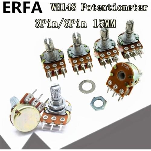 2pcs WH148 3pin 6pin 15mm B1K B2K B5K B10K B20K B50K B100K B250K B500K B1M Potentiometer 1K 2K 5K 10K 20K 50K 100K 250K 500K 1M