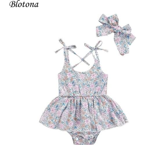 Blotona 2Pcs Baby Girls Outfit Sweet Summer Floral Lace Up Shoulder Strap Sleeveless Suspender Romper +Headwear, 0-24Months