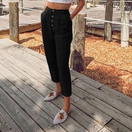 Women Pants Ladies Solid Color Pocket Buttons Casual All-match Pencil Pants Plus Size S-2XL Spring Summer Straight Slim Trousers