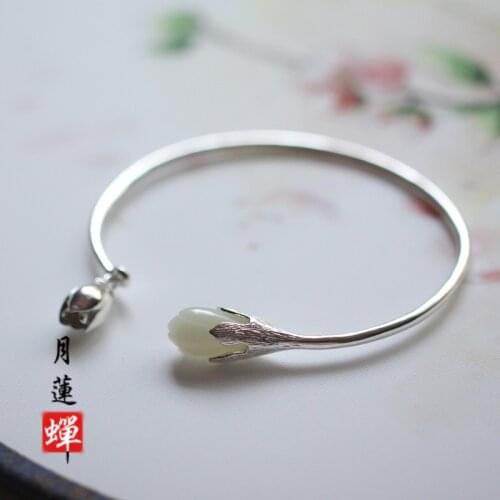Pure silver hetian jade magnolia orchid bracelet natural jade silver bracelet ancient wind moon lotus cicada