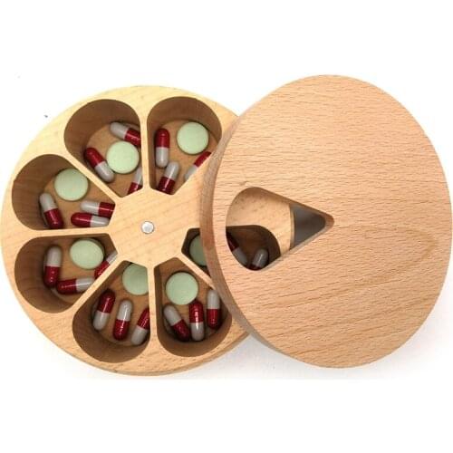 Wooden Pill Case Storage Compartment Weekly Medicine Tablet Dispenser Splitters 7-Day Pill Box, Kitchen Spice Containers
