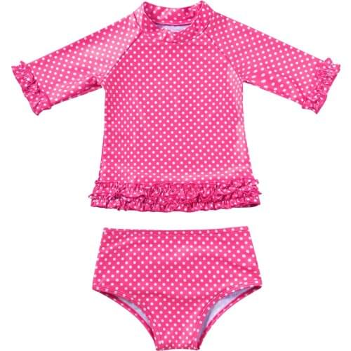 3-8T Summer Kids Girls Two Piece Swimsuit Set Swimming Outfits Polka Dot Short Sleeve Rash Guard Swimwear Beachwear Bathing Suit