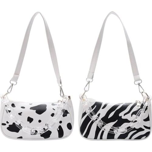 Milk Cow Zebra Pattern Handbags Women Fashion Shoulder Bags Luxury Designer Leather Tote Underarm Handbag with Chain White Purse