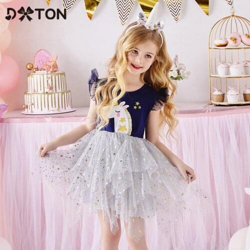 DXTON Unicorn Girls Dresses Toddler Summer Kids Princess Dress Layer Tulle Party Girls Costumes Irregular Tutu Children Dresses