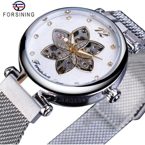Forsining Mechanical Womens Watch Waterproof Automatic Casual Clock Silver Mesh Luminous Hand Slim Diamond Fashion Ladies Watch