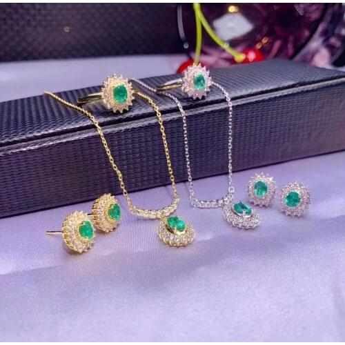 SHILOVEM 925 sterling silver Natural Emerald rings pendants earrings send necklace fine Jewelry wedding gift dtzj0405z0406e0405
