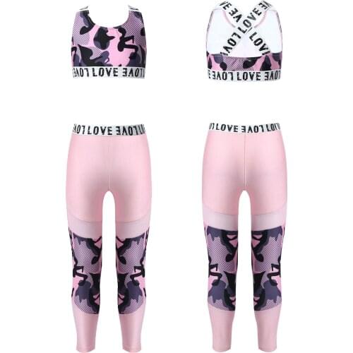 Kids Girls Ballet Dance Sets Gymnastics & Dancewear Outfit Letter Print Sleeveless Tanks Crop Top with Mesh Splice Leggings