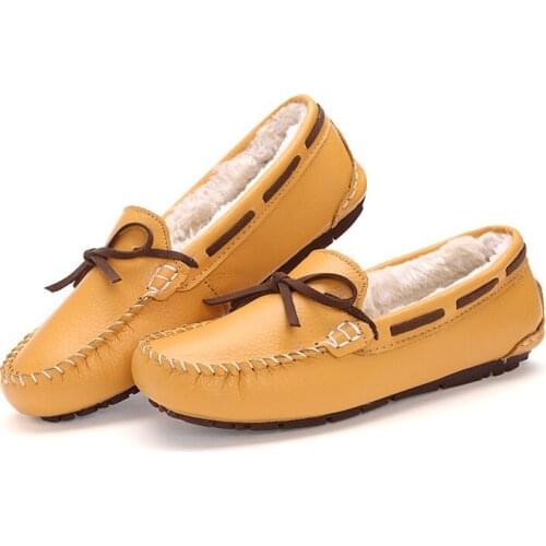 New Cow Leather Women Shoes Keep Warm Moccasins Shoes Woman Slip On Female Flats Fur Loafers Plush Winter Boat Shoe Size 35-41