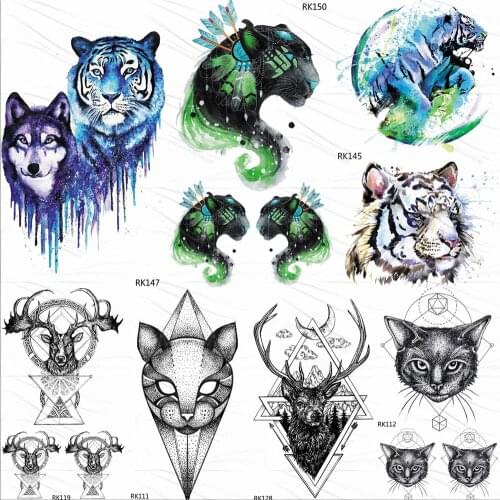 OMMGO Fake Leopard Tiger Cat Tribal Temporary Tattoos Sticker Galaxy Kids Fake Tattoo Watercolor For Men Art Tatoos Sheets