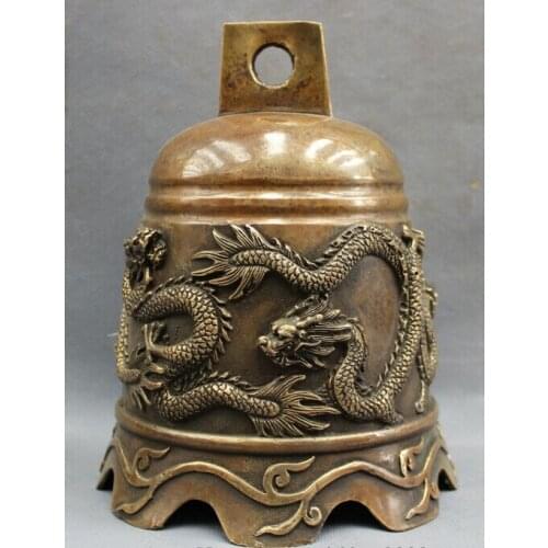 Wholesale factory 8" Chinese Bronze Copper Buddhism Temple Decoration Brass Myth Fly Dragon Statue Bell