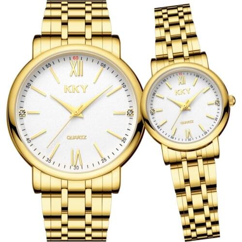 Couple Gold KKY Brand New Watch 2021 Mens Watches Luxury Quartz Women Waterproof Wristwatches Ladies Fashion Casual Lover Clock