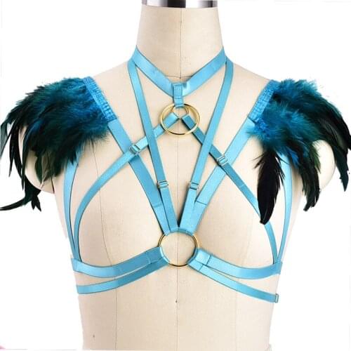 Wedding Wings Feather Bra Sexy Body Harness Pastel Gothic Epaulettes Feather Dress Fetish Festival Rave Wear Crop Top Body Cage
