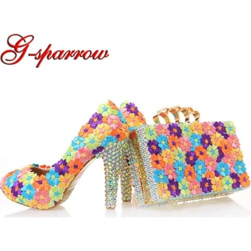 Handmade Elegant Lace Flower Wedding Party Shoes Matching Bag Multicolor Bridal Shoes Banquet Evening Prom Pumps with Clutch