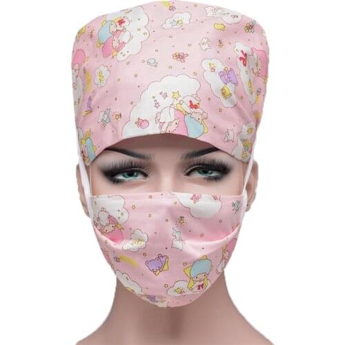 Unisex Scrub Caps Face Cover Sets Cotton Sweatband Hat Adjustable Bandage Printed Nursing Cap Beauty Salon Pharmacy Dentist Caps