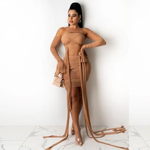 VAZN 2021 Special Bandage 2 Piece Set Boho Beach Summer Women Long Sleeve Slash Neck Top And Mini Skirt Autumn